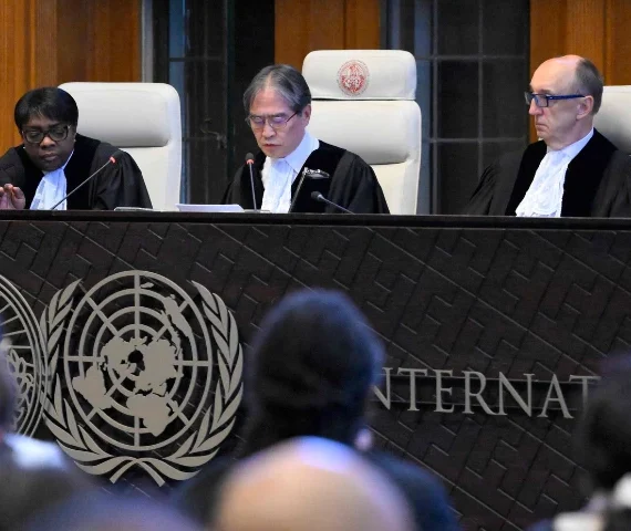 president of the international court of justice icj yuji iwasawa c and members issue first advisory opinion ao on states legal obligations to address climate change in the hague on july 23 2025 photo afp