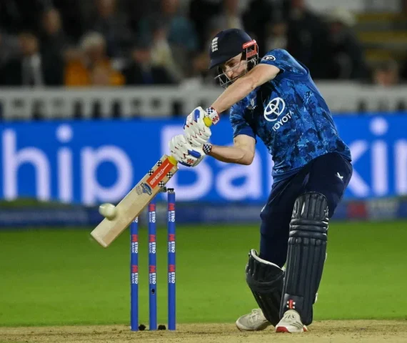 england captain harry brook hits a six during a five run loss to south africa in the second odi at lord s photo afp