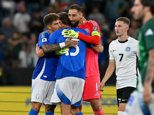 italy s goalkeeper 01 gianluigi donnarumma c italy s forward 15 pio esposito 2l and italy s defender 22 giovanni di lorenzo l embrace as they celebrate their team s victory at the end of the fifa world cup 2026 group i qualifiers photo afp