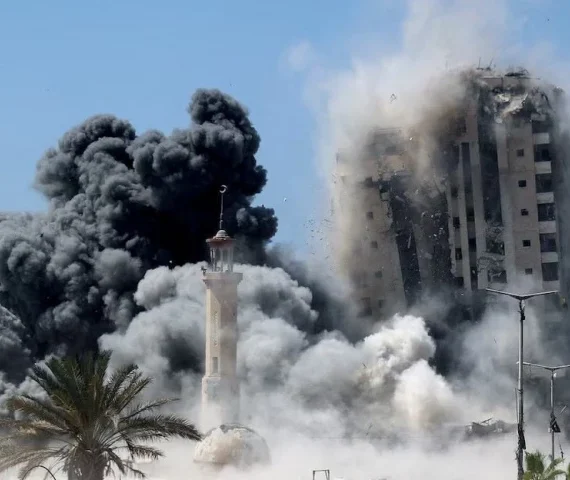 smoke rises as the 15 storey mushtaha tower collapses after being hit by an israeli air strike in gaza city september 5 2025 photo reuters