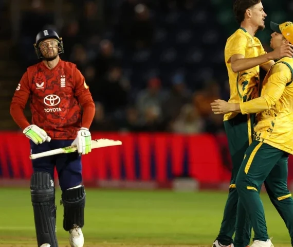 england s jos buttler l leaves the field after being dismissed by marco jansen c in the 1st t20 against south africa at sophia gardens cardiff photo afp