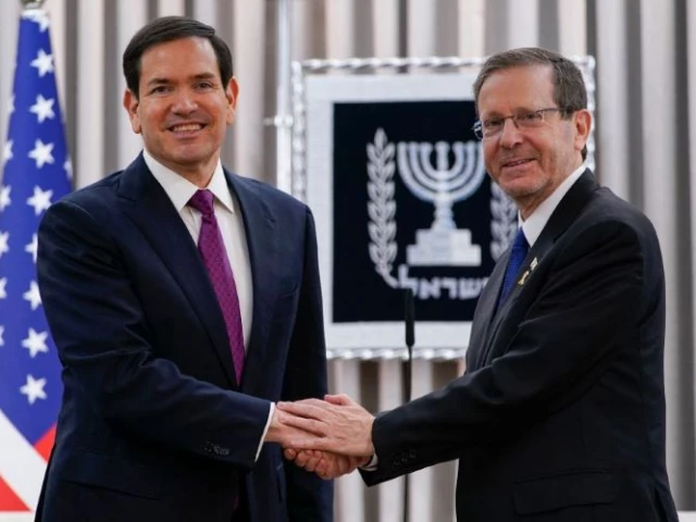us secretary of state marco rubio and israeli president isaac herzog shake hands ahead of their meeting at the beit hanassi residence in jerusalem on september 15 2025 rubio said washington would provide unwavering support to israel in the war in gaza as he called for the eradication of hamas during a visit to the us ally on september 15 photo afp