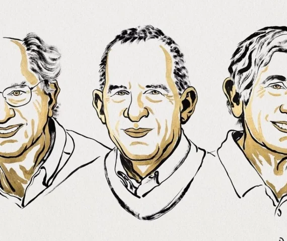 an illustration of the 2025 nobel prize winners in physics left to right john clarke michel h devoret and john m martinis photo ill niklas elmehed nobel prize