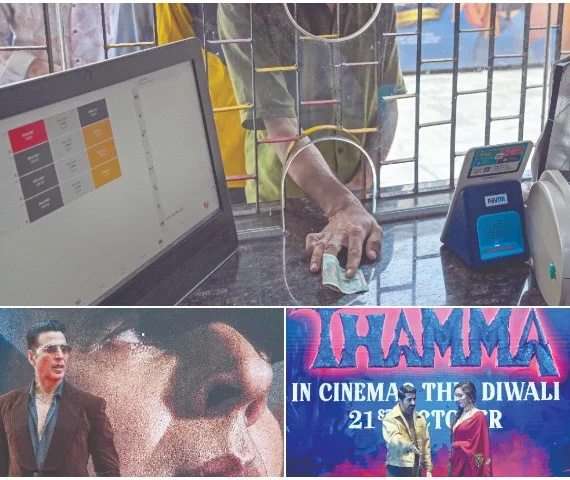 file photos of moviegoers queuing to purchase tickets for dilwale dulhania le jayenge at maratha mandir theatre in mumbai actors ayushmann khurrana and shraddha kapoor posing during the trailer launch of their film thamma in mumbai and actor akshay kumar posing for photographs during an event for the promotion of his film sky force in mumbai photos afp