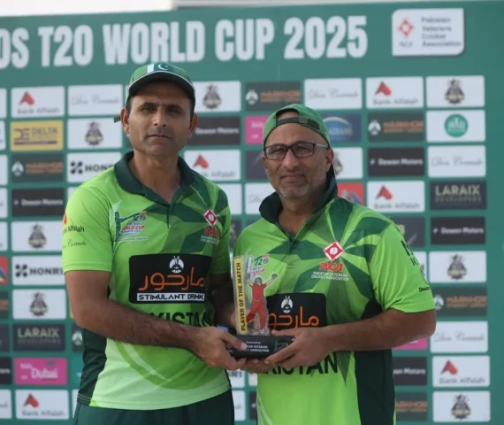 captain abdul razzaq and humayun farhat delivered a blistering opening stand of 144 runs during the over 40 world cup semifinal photo pr