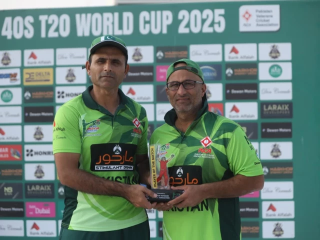 captain abdul razzaq and humayun farhat delivered a blistering opening stand of 144 runs during the over 40 world cup semifinal photo pr